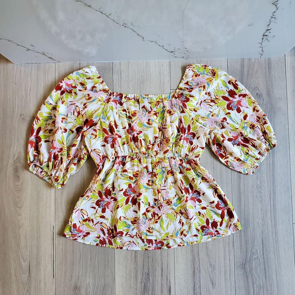 Collective Concepts Blouse Womens M Multicolor Floral Square Neck Puff Sleeve
